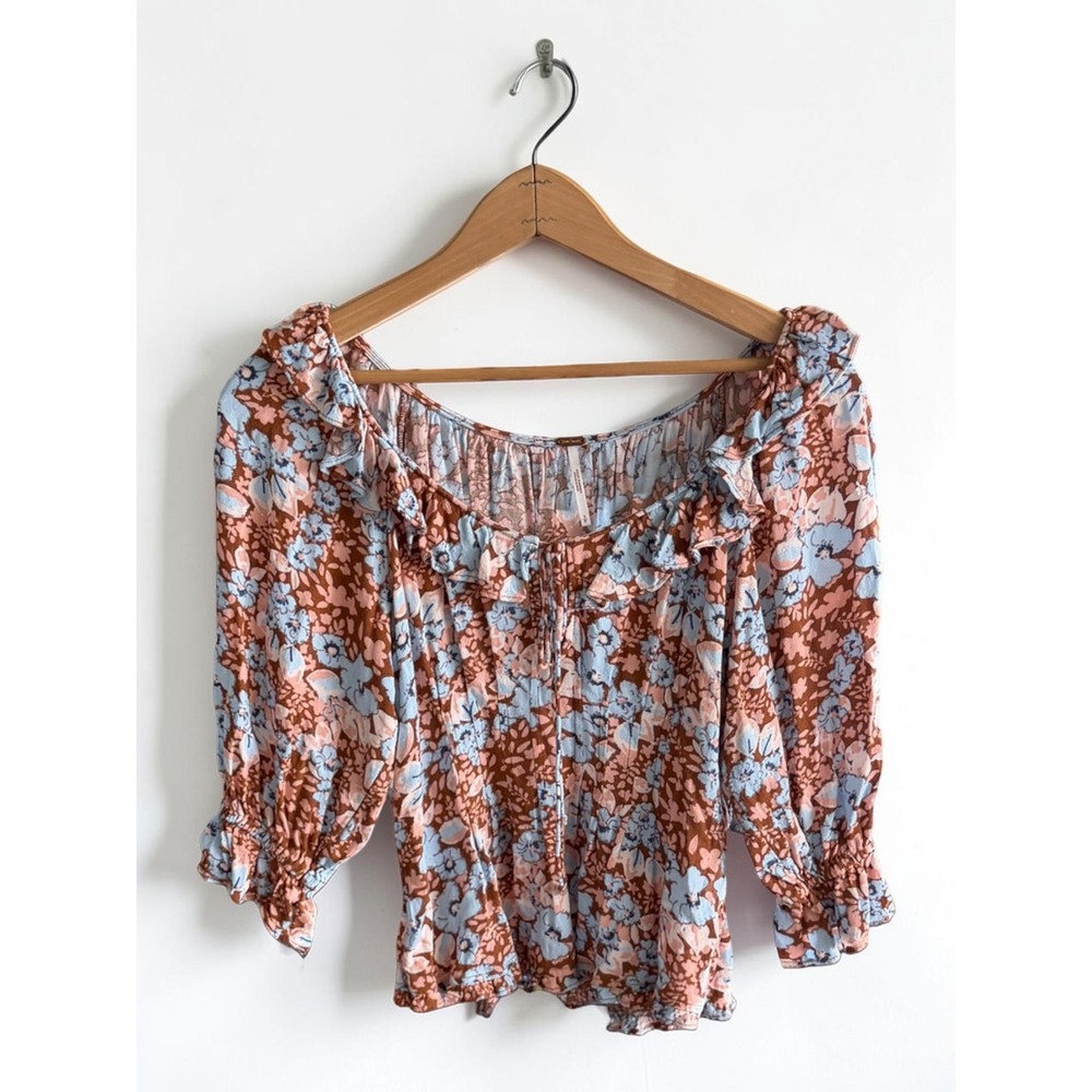 Free People Floral Ruffle Smocked Back Blouse Blue Brown‎ Small